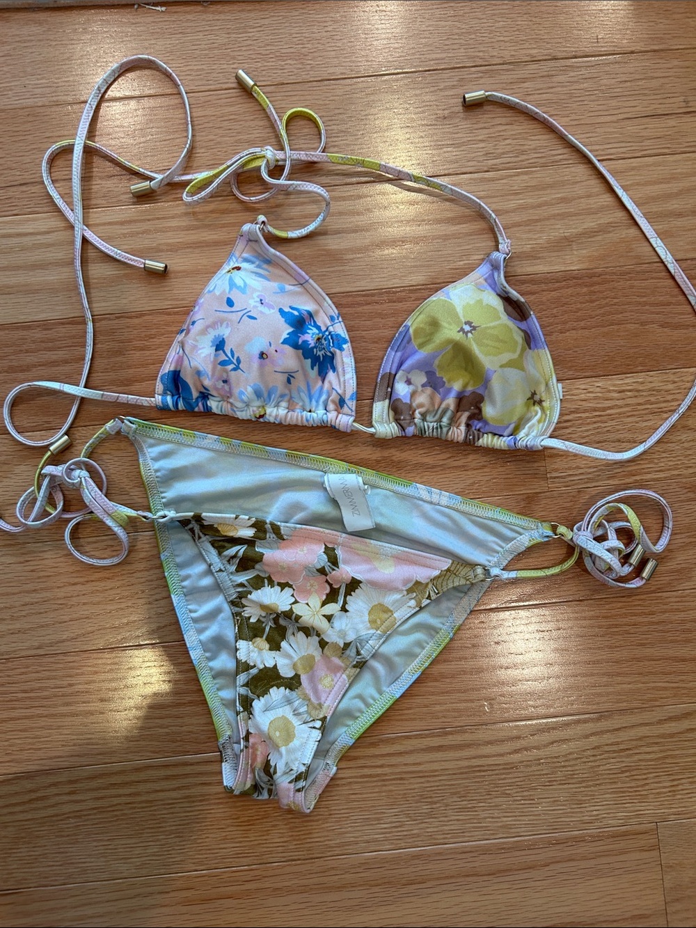 Zimmermann Floral Triangle Bikini in Blue, Yellow, Pink and Green